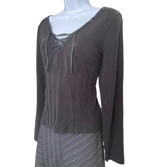 Vintage 90s Y2k Goth Boho Grunge Lace Up Ribbon Black Stretch Knit Top Size M/L - Picture 2 of 6